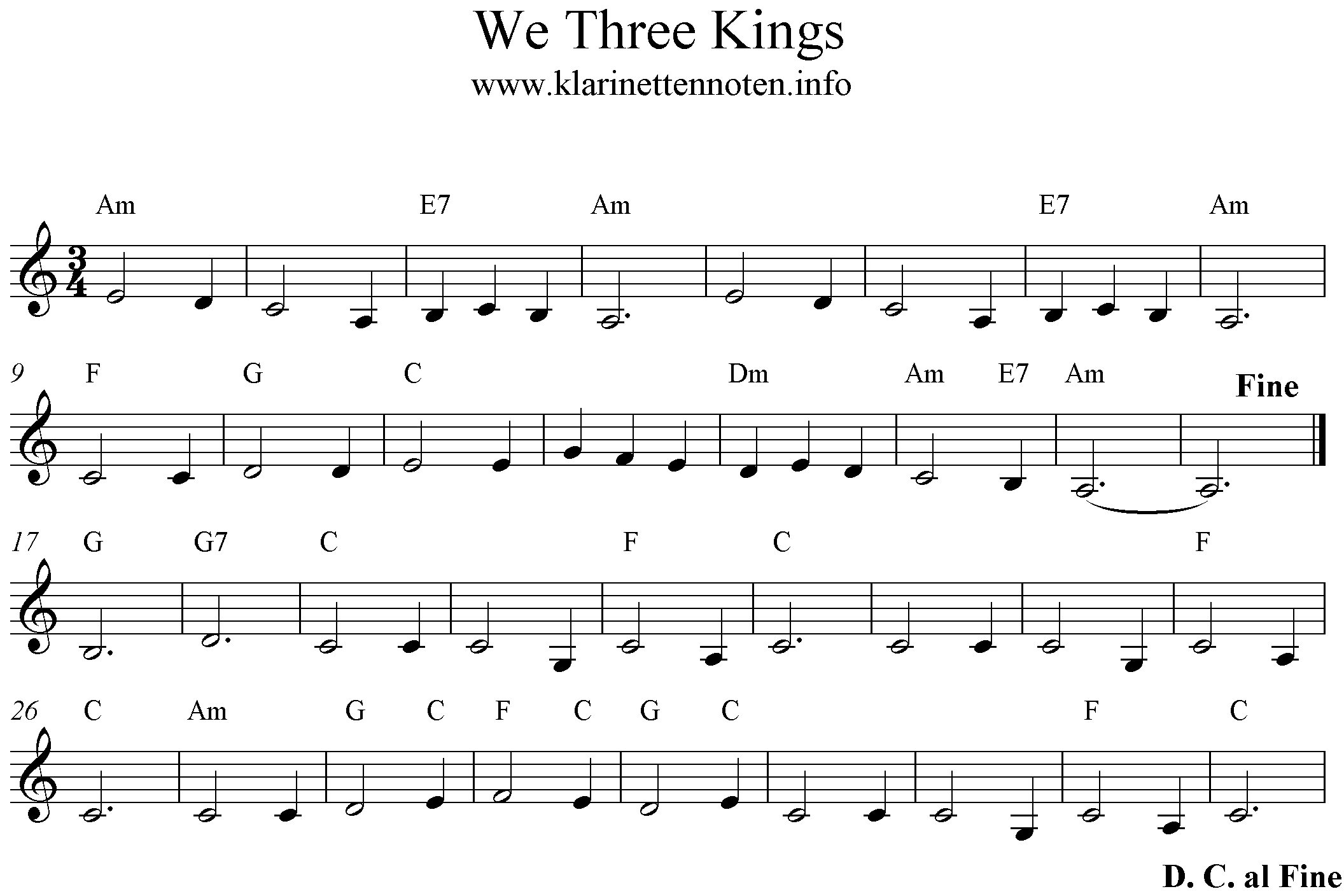 Freesheetmusic , Noten Trumpet, Clarinet, We Three Kings