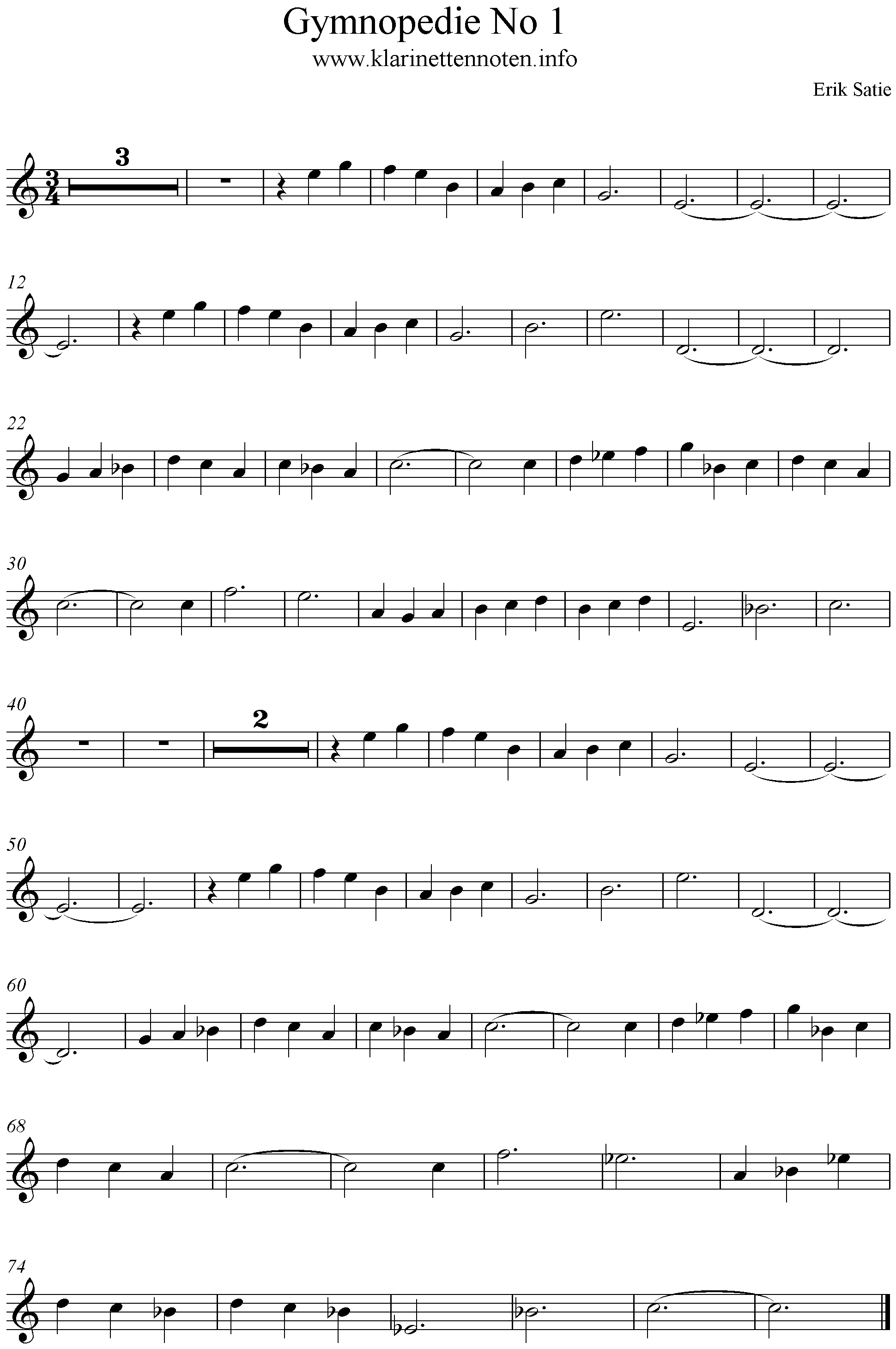 Noten Gymnopedie, Satrie, C-Dur, Violine, Querflöte