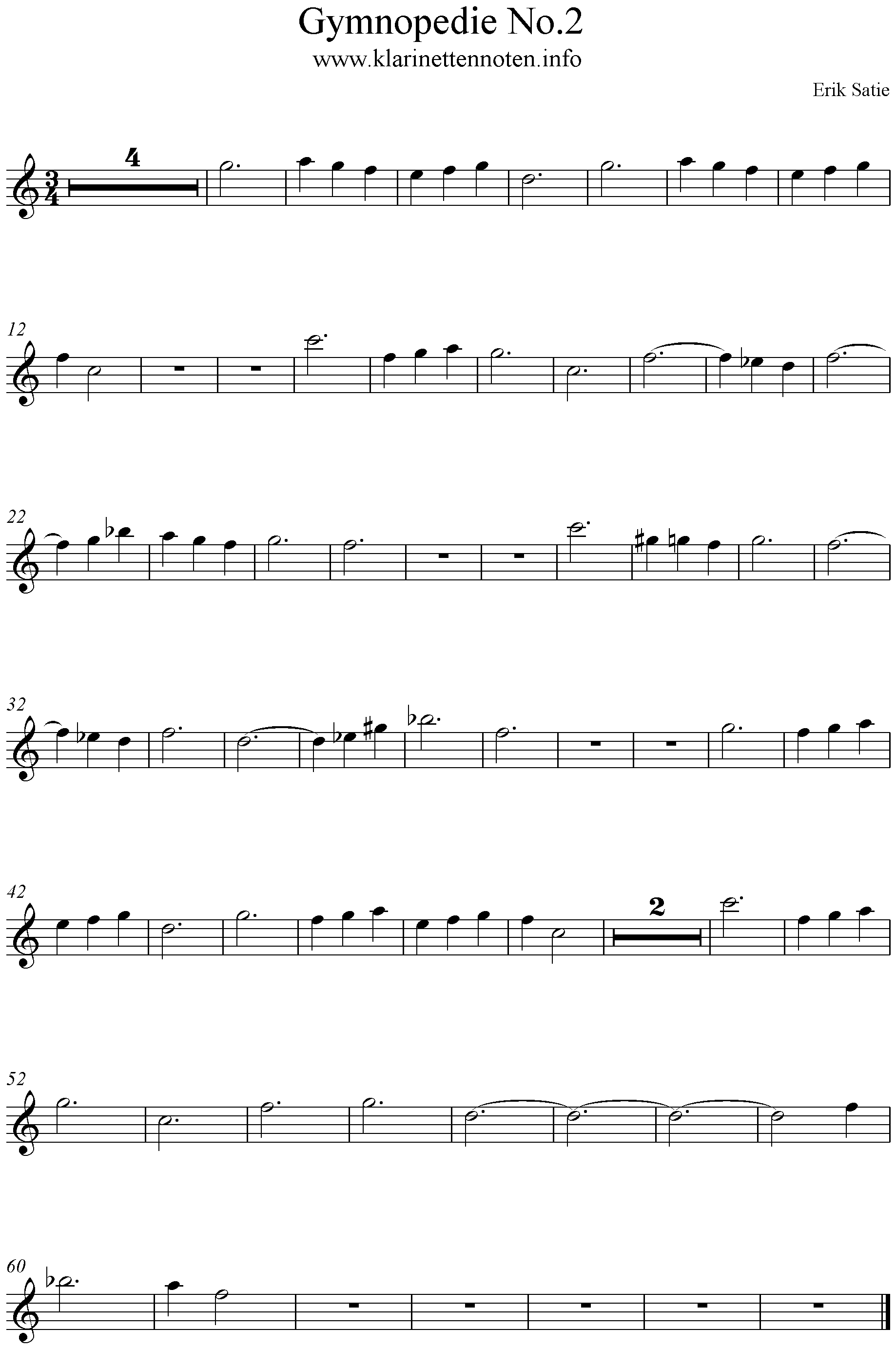 Noten Gymnopedie No2, Satie, Geige, Oboe, Querflöte