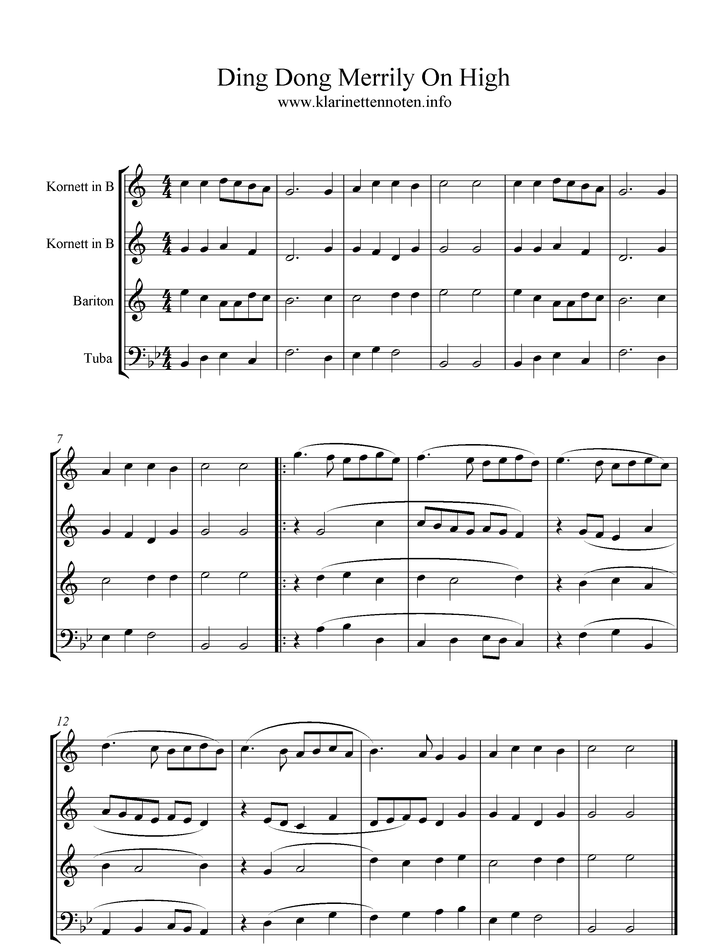 Noten, Blechbläser Quartet, C-Dur, Ding Dong Merrliy On High